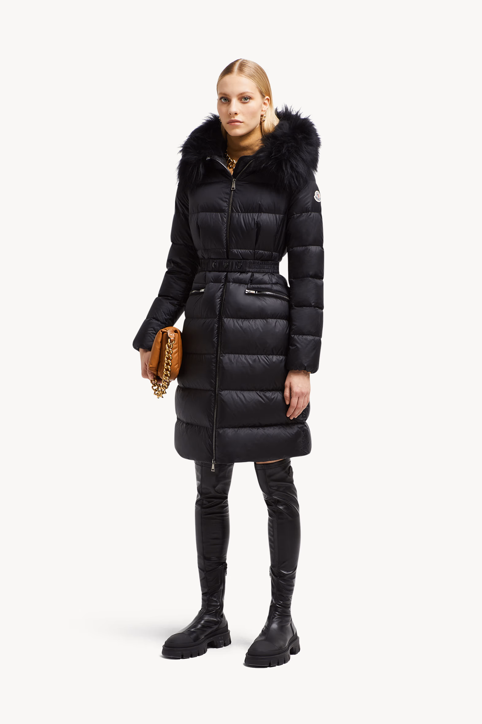 Boedic Hooded Shearling-Trimmed Long Down Jacket Women Black Moncler 0